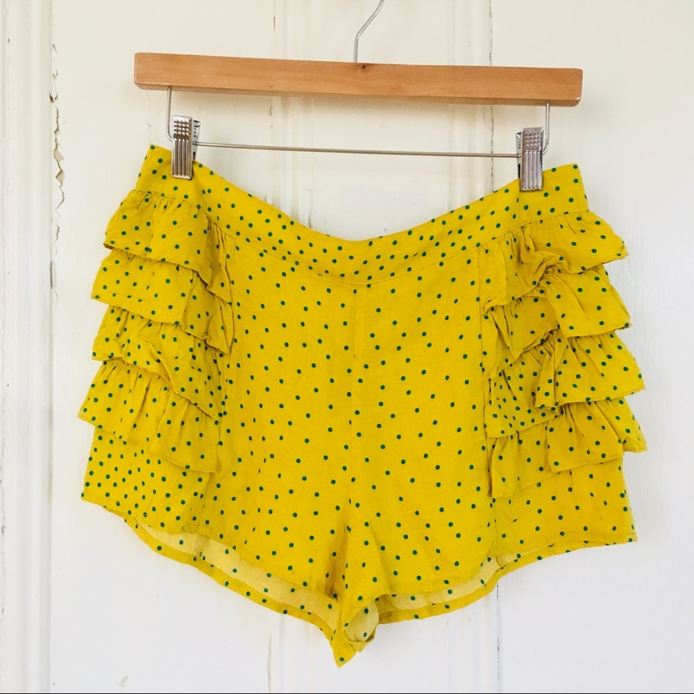 Teal Polka Dotted Golden Ruffles Short Shorts!